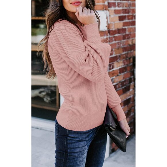 Womens Pullover Sweater Acrylic Slim Fit Puff Sleeve Crew Neck Casual - Picture 2 of 3